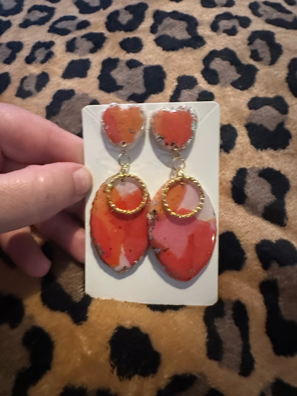 Bold Orange Heart Drop Earrings with Gold Accents